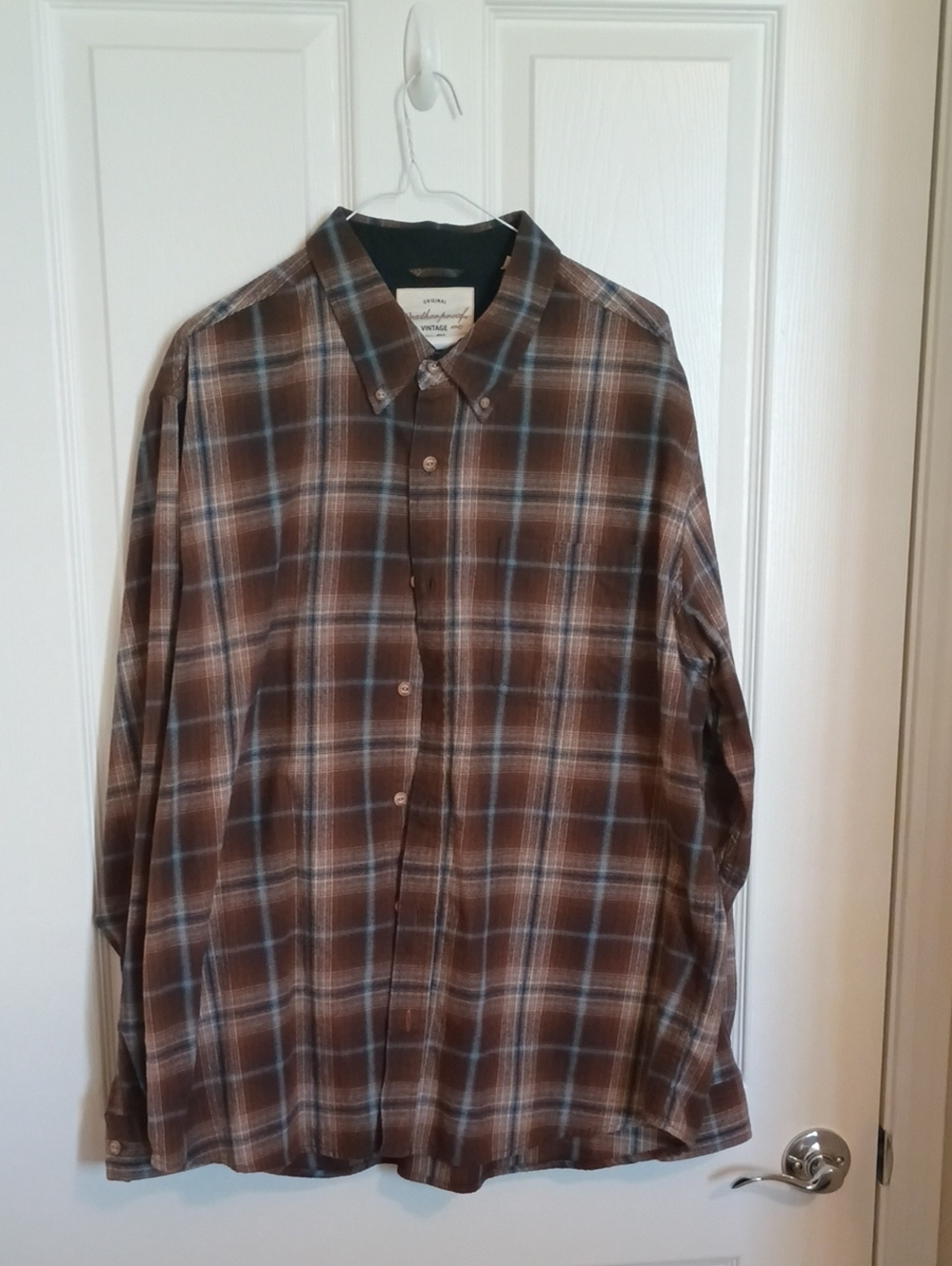 Classic XXL Plaid Button-Down Shirt - Brown with Blue and Cream Lines
